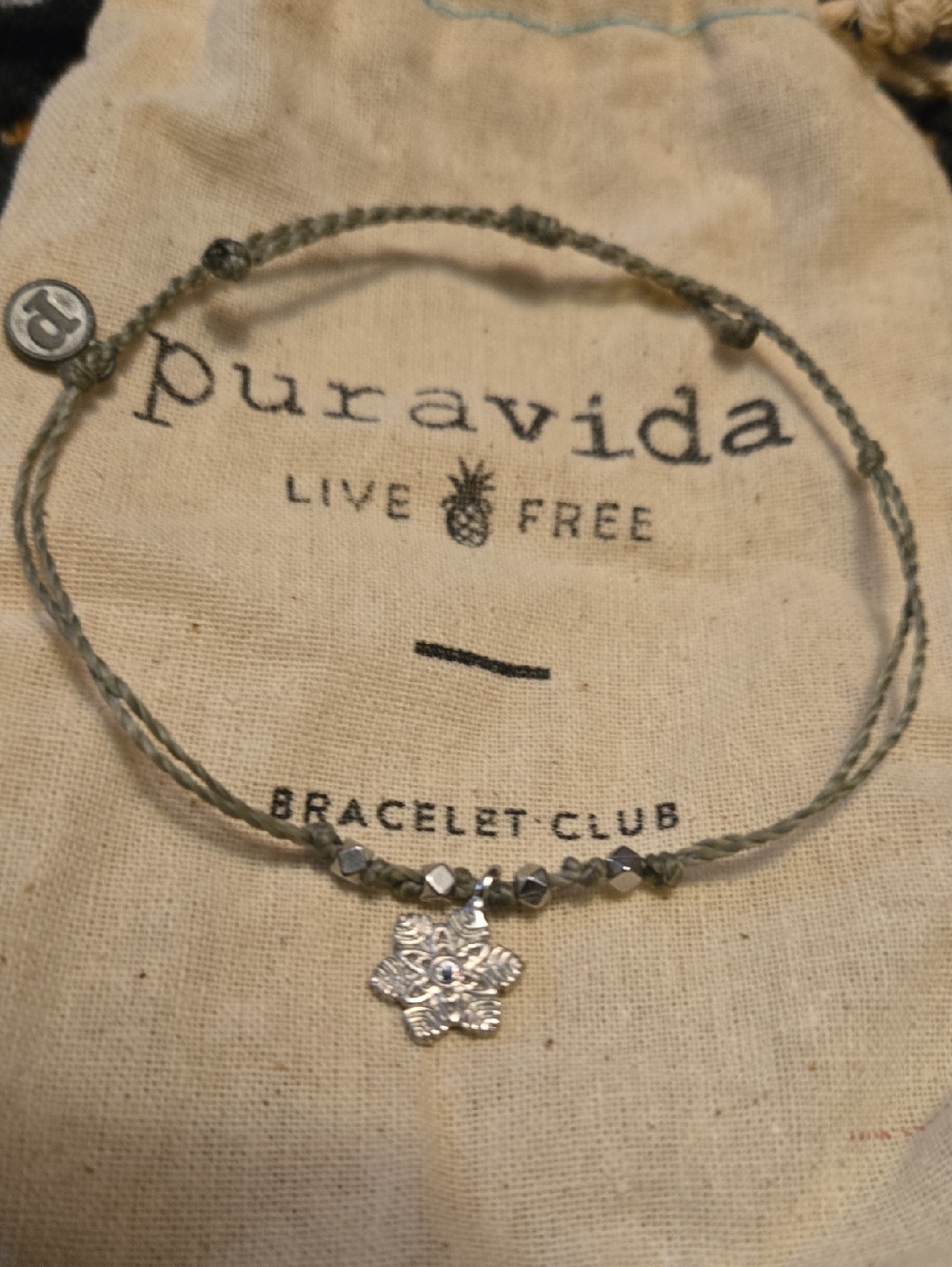 Pura Vida Olive Green Braided Bracelet with Silver Older Snowflake Charm
